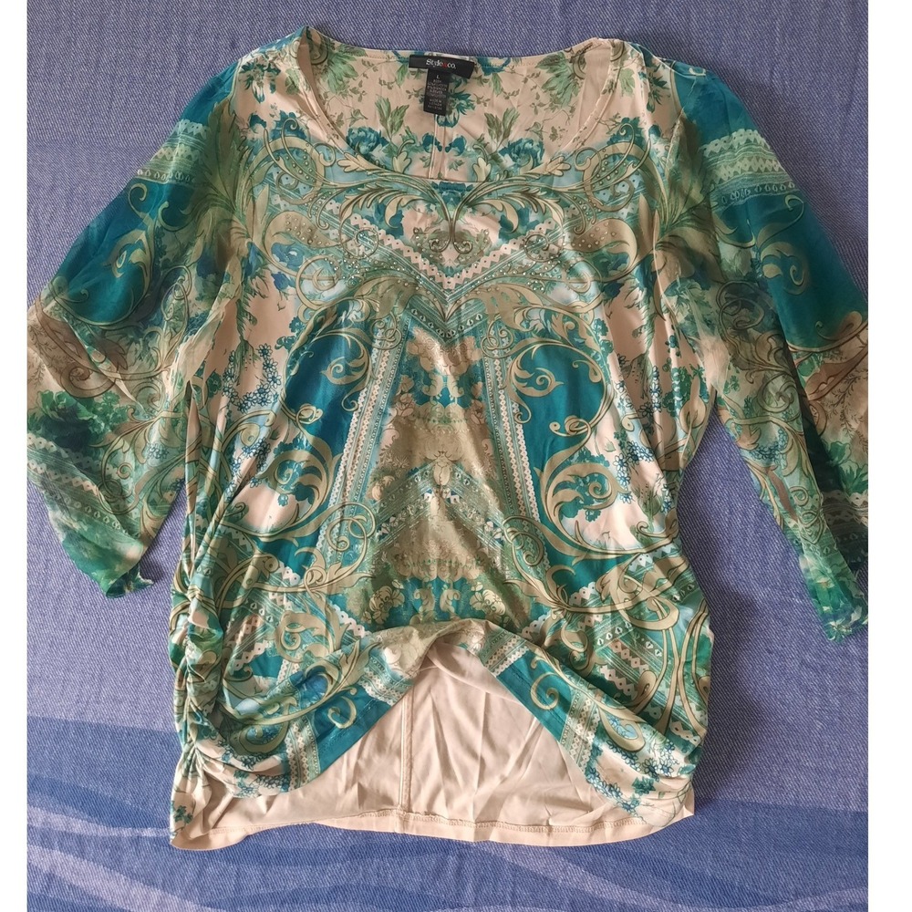 Style & Co Teal Green All Over Paisley Rhinestone 3/4 Sleeve Layered Top Large
